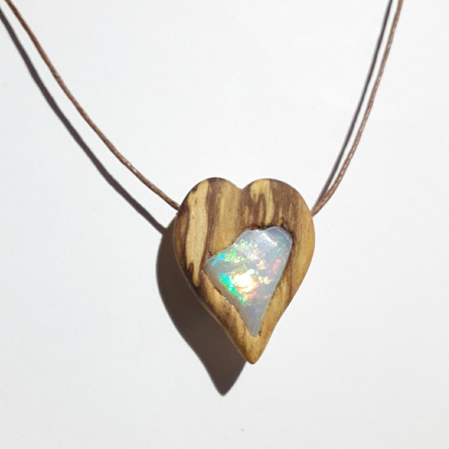 Rough Ethiopian Noble Opal Necklace With Hand Carved Palo Santo Wood 