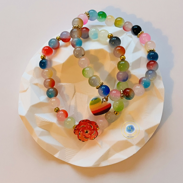 Handgemaakte Multicolor Armbanden Set met Glaskralen, Bloem & Hartbedel 
