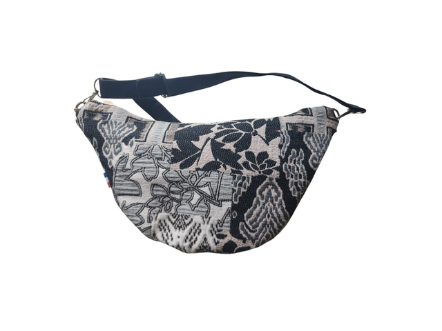 Sac banane en tissu jacquard noir gris et blanc avec bandoulière en suédine Alaska noir