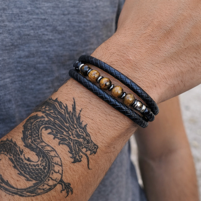 Bracelet cuir - Œil de Tigre