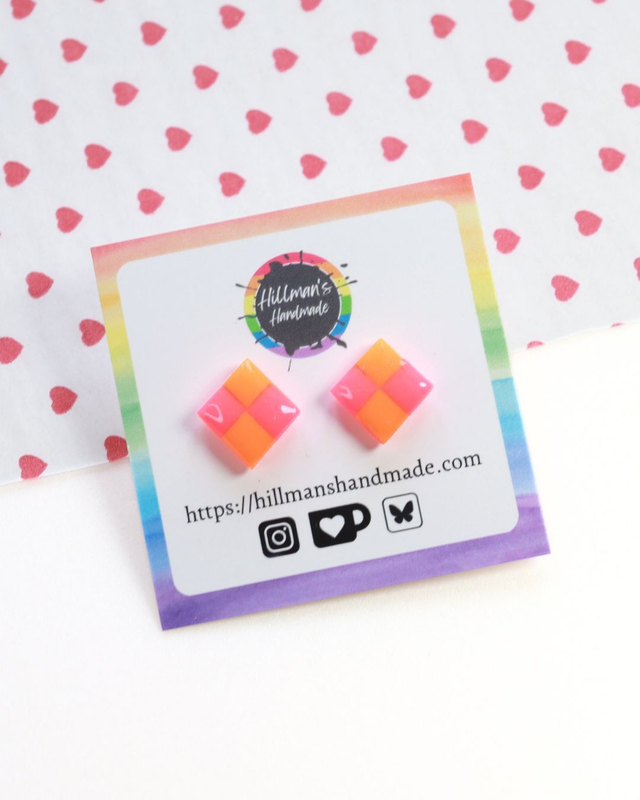 Neon Pink and Orange Checkerboard Studs