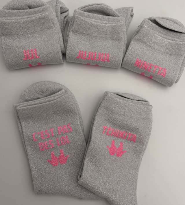 Chaussettes a paillettes JuL blanches/argent et rose phospho
