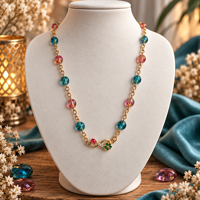 Chaine infini Trèfle & Coccinelle – Perles de Verre Multicolores