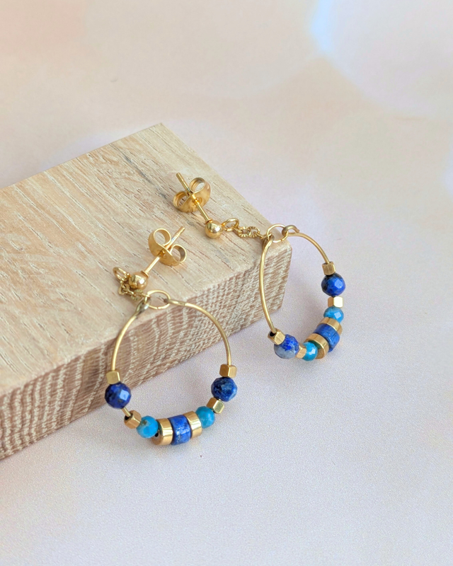 Boucles d'oreilles acier inoxydable Nymphéa Bleu apatite