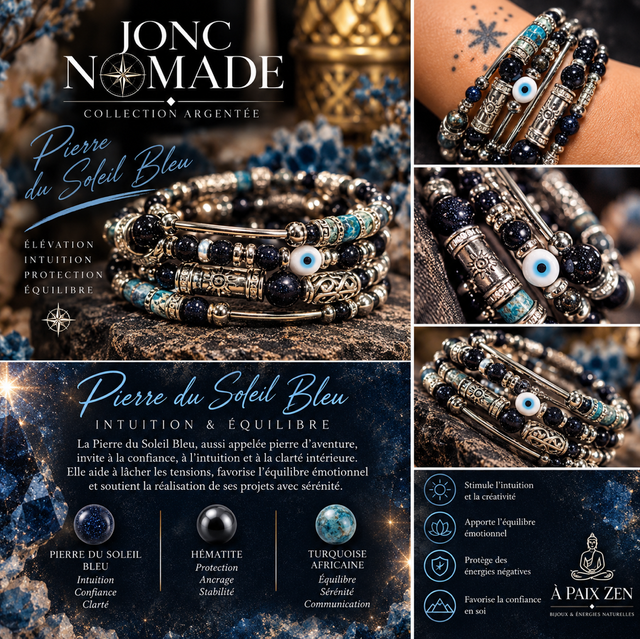 Jonc NOMADE Pierre du soleil bleue argenté