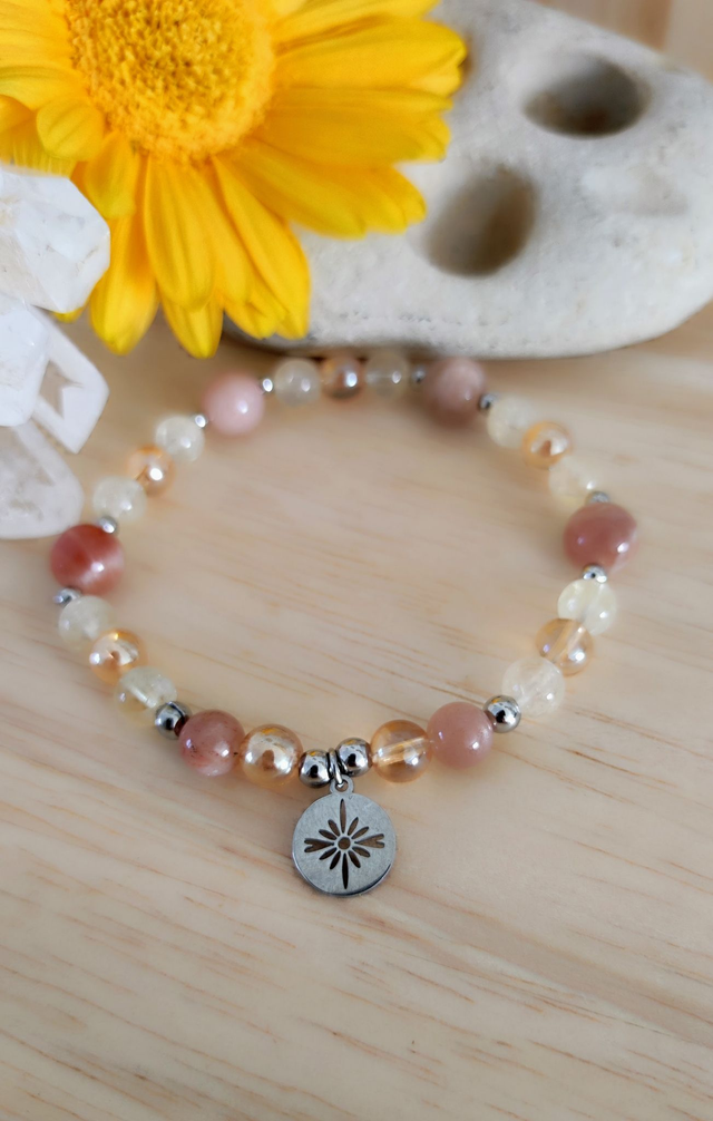 Bracelet "Optimisme" Pierre de Soleil, Citrine et Quartz Aura