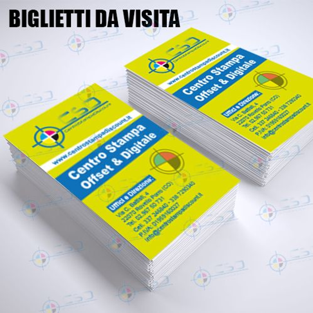 Biglietti da visita: mm. 85x55 stampa fronte e retro in quadricromia, carta 400 grammi (prezzo con IVA compresa)
