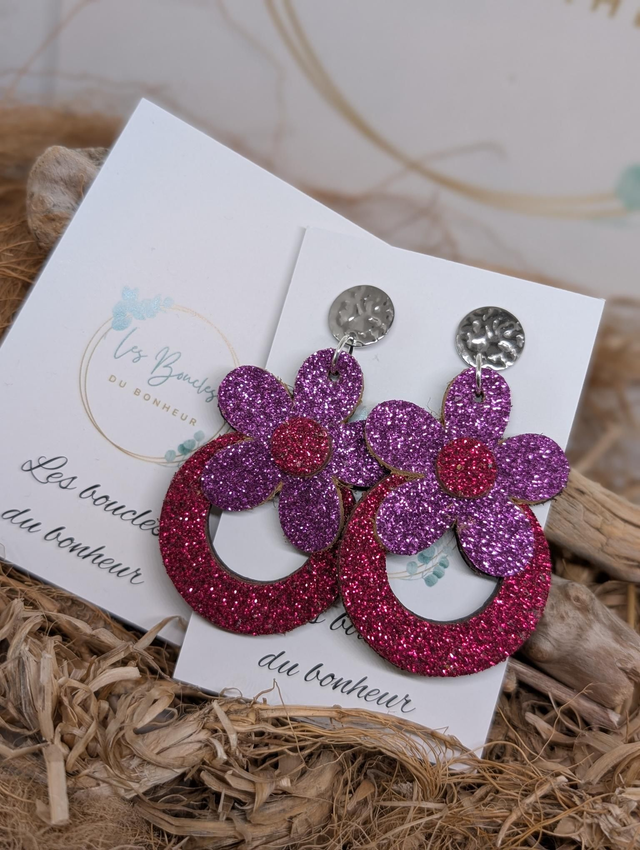 Boucles d'oreilles Baby Marguerite paillettes violet framboise bm1166