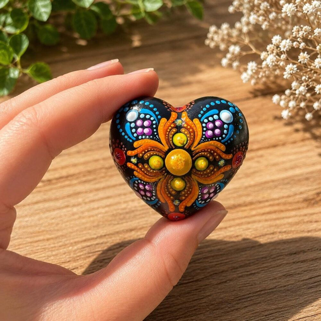 Petite pierre cœur mandala multicolore – Peinte à la main – Pièce unique