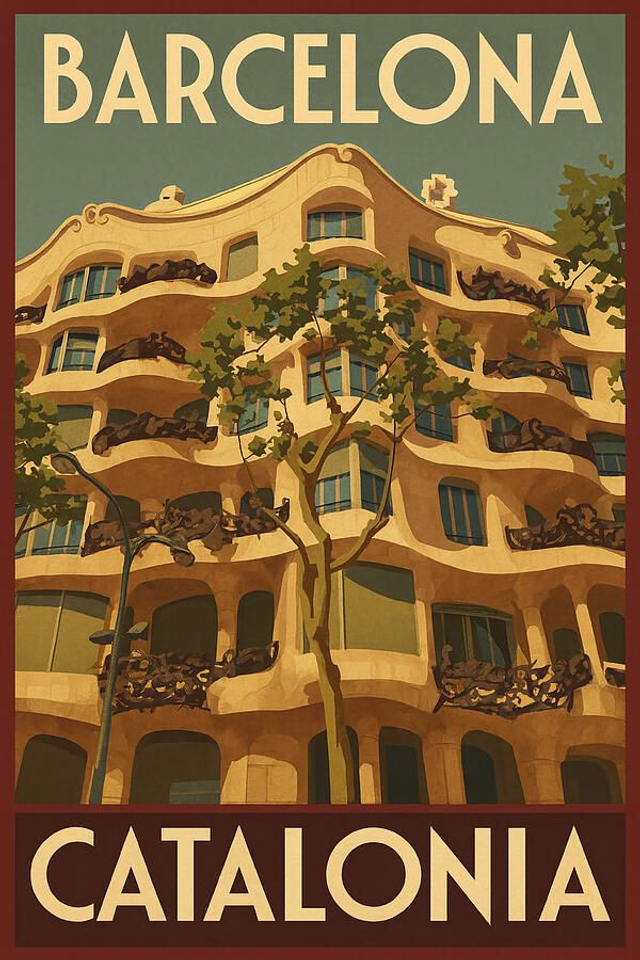 Póster De Viaje Vintage Gaudí La Pedrera Fachada Casa Milá Barcelona
