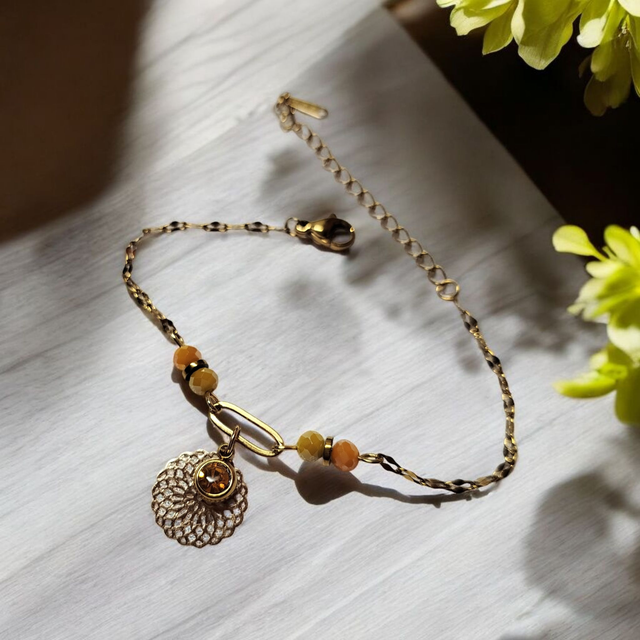 Bracelet acier inoxydable et strass jaune et doré