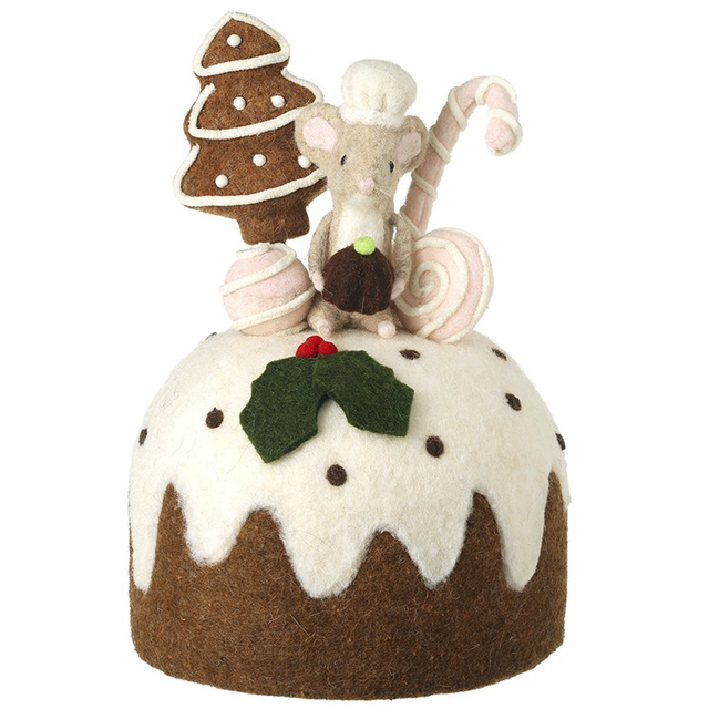 Large Felt Mouse on Christmas Pudding