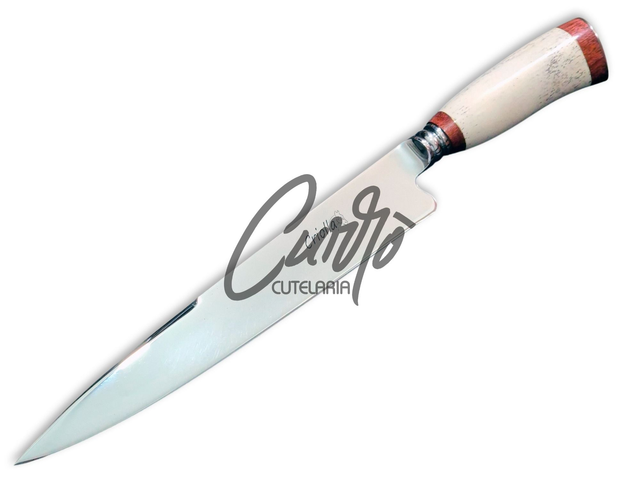 Faca Forjada Criolla Elmo Aço Inox Dorso Liso Cabo em Canela de Avestruz e Madeira de Muirapiranga 10 Pol