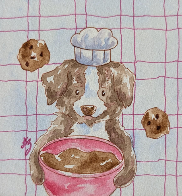 Chien pâtissier • Aquarelle originale encadrée
