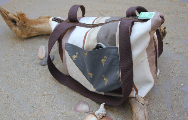 Sac à main en toile basque marron, écru et gris