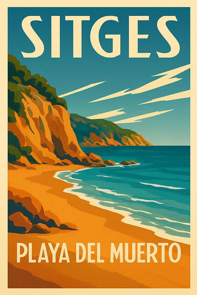 Póster vintage de Sitges, Playa del Muerto. Impresión artística de la soleada costa de Sitges.