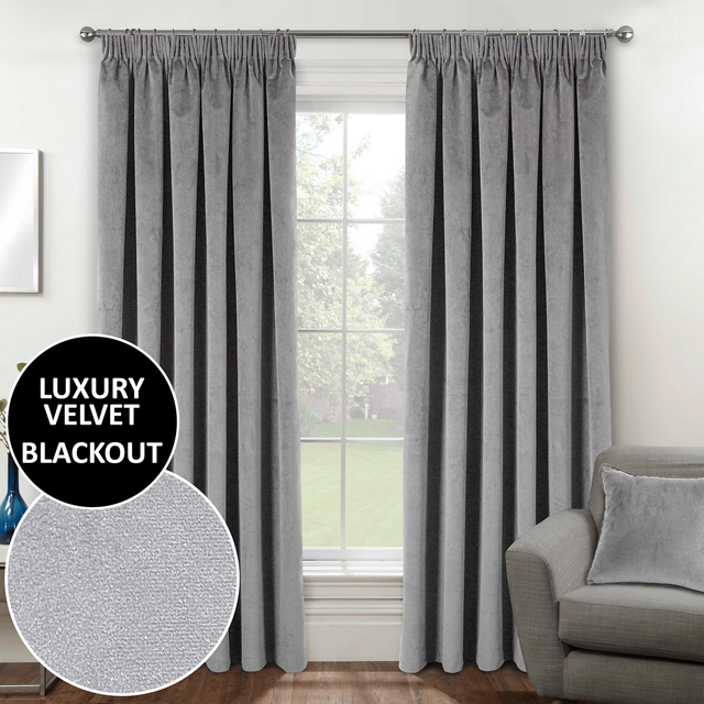 Enhanced Living Oxford Grey 100% Blackout Velvet Readymade Pencil Pleat Curtains