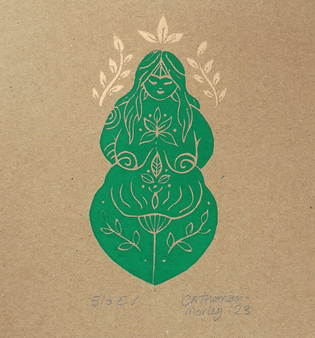 Earth Goddess Gaia Lino Print - (Varied Edition of 6 on Green or Brown Recycled Card)