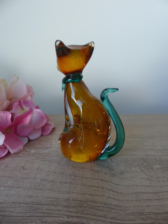 Figurine chat en verre orange et verre soufflé, Presse papier chat décoration bureau maison ornement de table