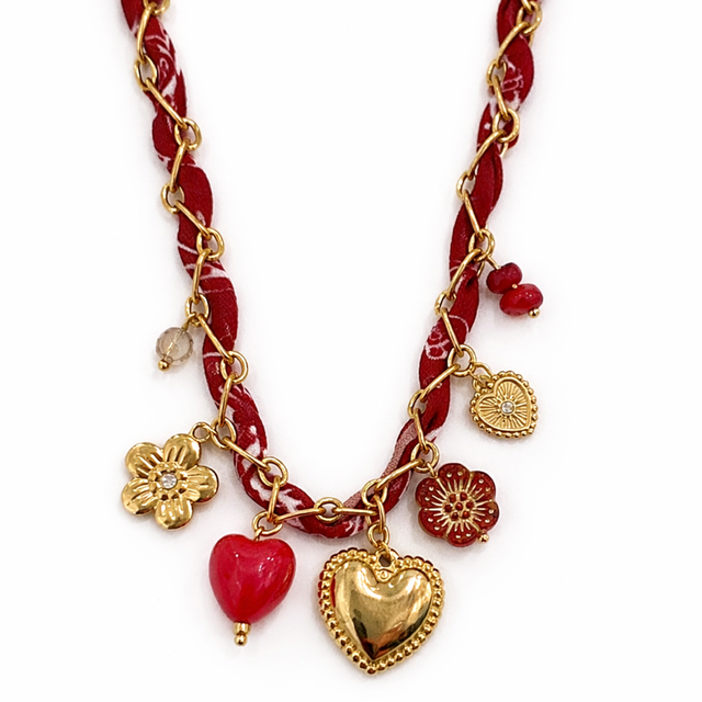 Collar acero dorado y lazo rojo 