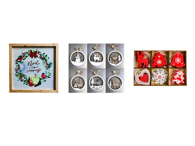 HODYSSEA Eco-Pack Déco Noël Cadre mural ou à poser + Suspensions blanches et rouges