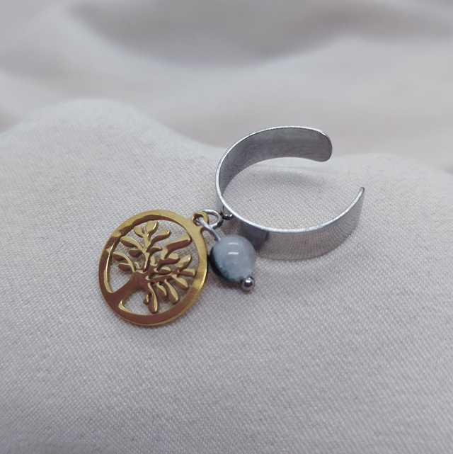 Bague ajustable 47 à 52 et pendentif doré &#039;arbre de vie&quot; acier inoxydable et pierre naturelle (quartz tourmaline)