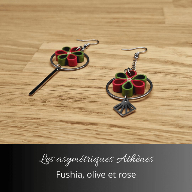 Boucles d&#039;oreilles asymétriques Athènes - Fushia olive et rose