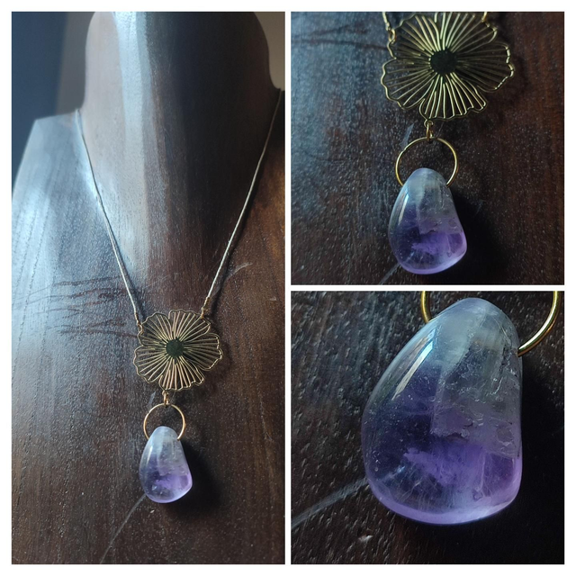 Z-Collier améthyste véritable et fleur dorée monté sur fil de lin réglable avec chaîne d&#039;extension, pièce unique 