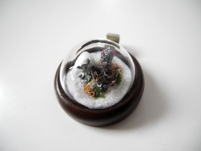 Rock Ptarmigans - OOAK Biosphere Wood Jewelry - Clear glass globe with two delicate Rock Ptarmigans inside– winter/spring inspired jewelry