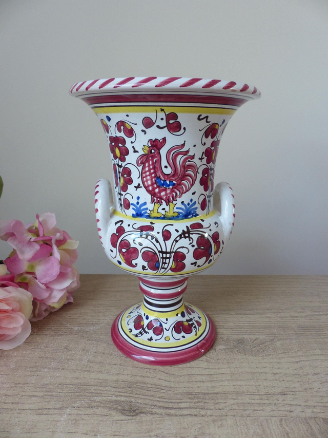 Vase en Céramique Coloré d’Italie Deruta l'Antica : Amphore aux Motifs de Fleurs et de Coq Rouge Peint Main Idéal Cadeau Décoration Maison