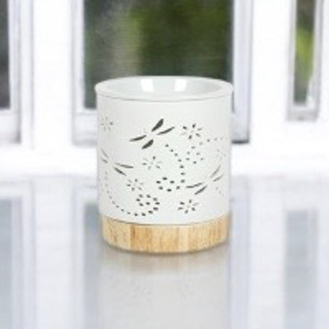 Elegant White &amp; Wood Effect Ceramic Tea Light Burner