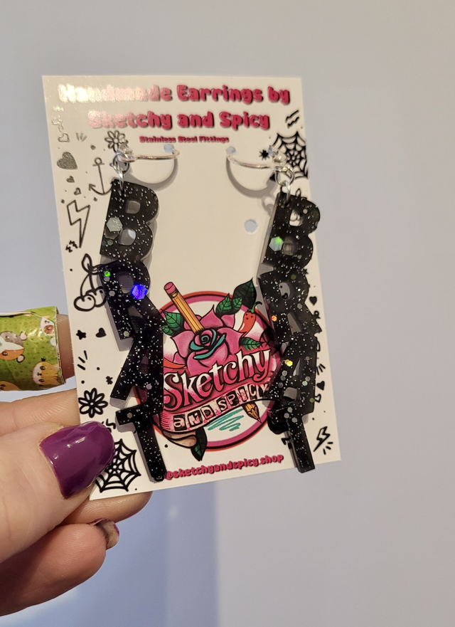 Earrings | Black Glitter BRAT Earrings | Stainless Steel Lever Back Hoops