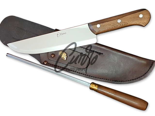 Conjunto Utilitário Especial Elmo Faca Chaira Aço Madeira 9