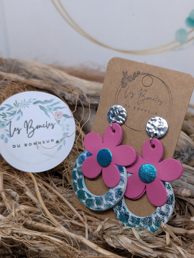 Boucles d&#039;oreilles baby Marguerite rose turquoise bm1143