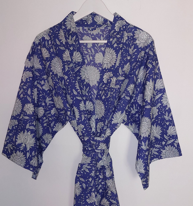 Robe kimono en coton, peignoir, robe de chambre, motif floral blanc et bleu, L.100cm  
