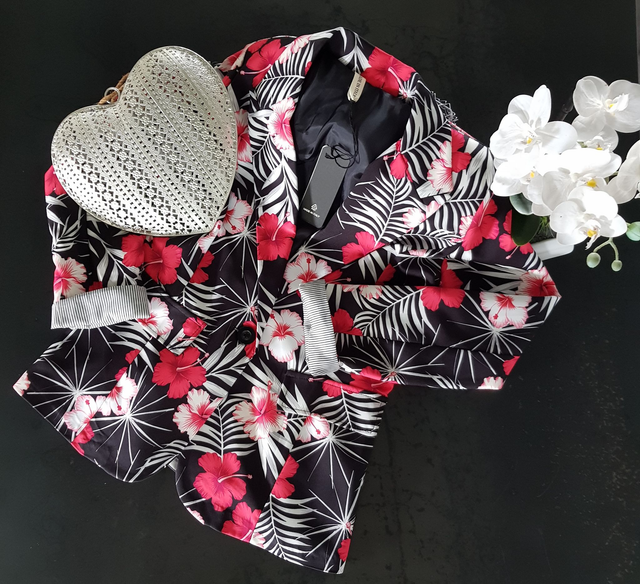 Veste blazer à épaulette &amp; manches revers à rayures Jolifly  Imprimé fleuri 