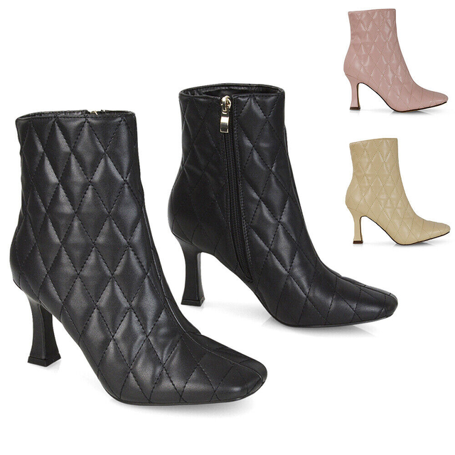 Womens High Heel Quilted Ankle Boots Ladies Square Toe Zip Up Party Booties 3-8
