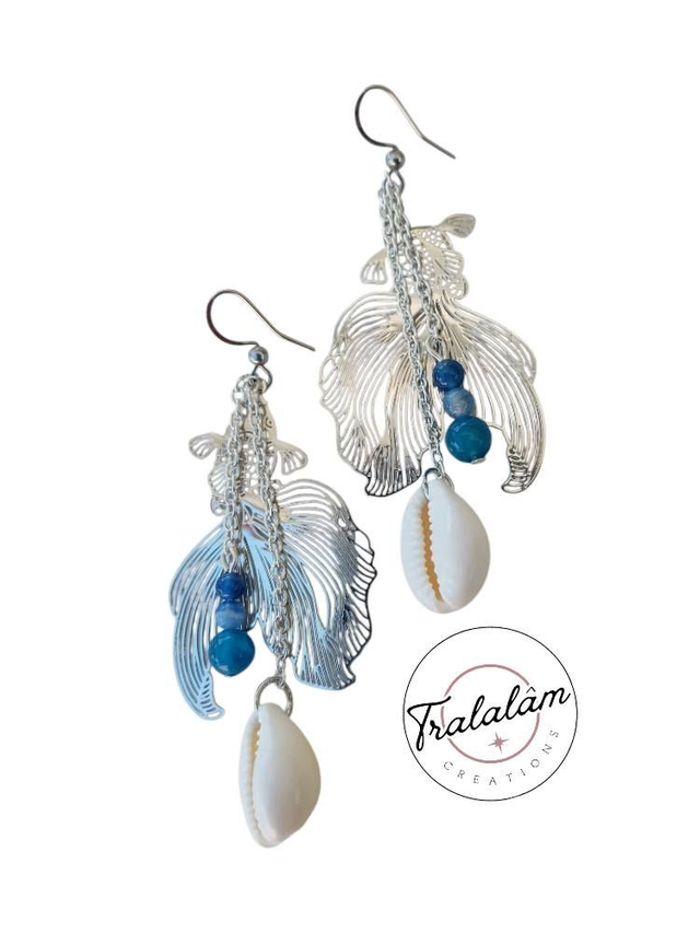 ✨Boucles poissons filigranés argentés perles bleues et coquillages✨(146BO)