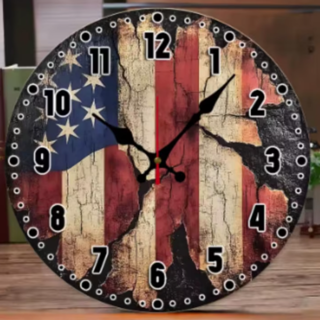 Ronde wandklok van hout Amerikaanse vlag (25cm)