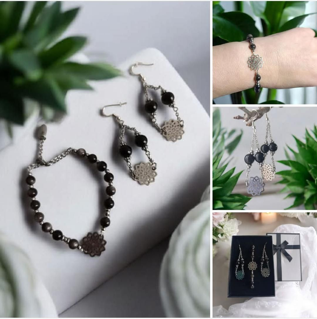 Parure obsidienne argentée 