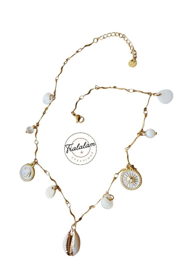 ✨Collier nacre coquillages breloques lune/soleil✨EVASION(54CO)