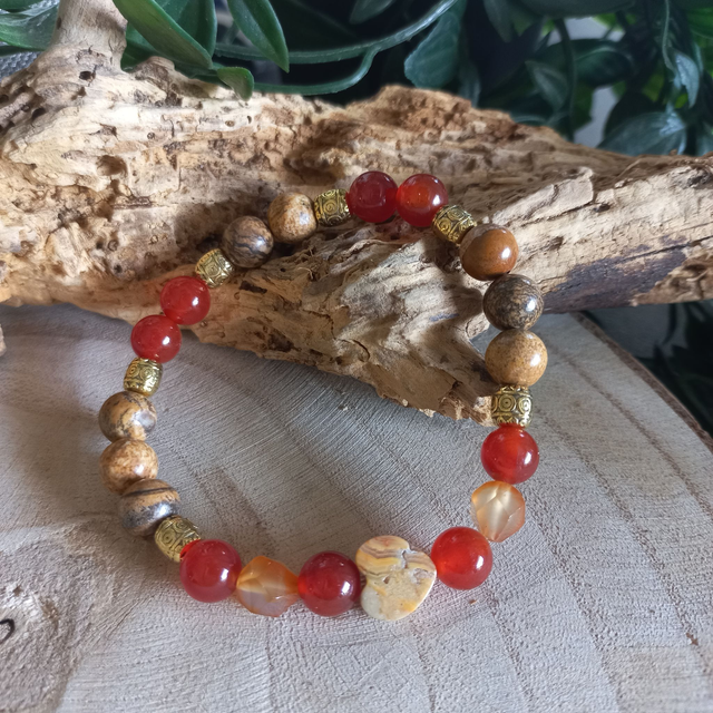 Bracelet en Jaspe paysage, Cornaline et son coeur en Agate Crazy Lace
