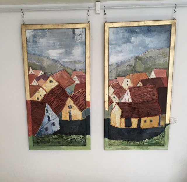 Acrylbild zweiteilig-Acrylcollage mit teilvergoldeten Holzrahmen „Morgenerwachen im Dorf“ 2x 42x82cm