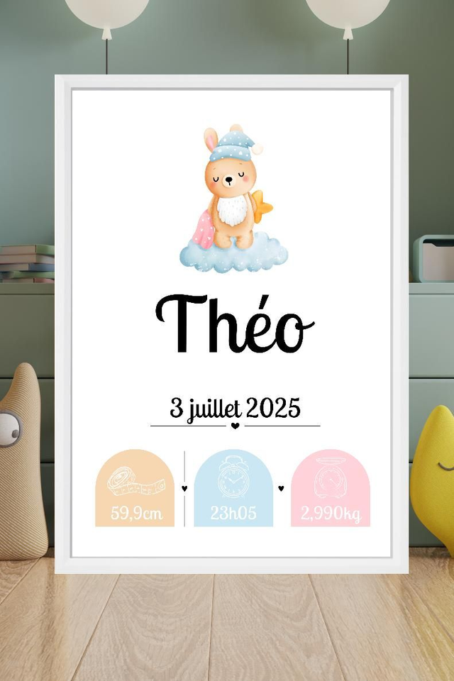 Toile de naissance personnalisée encadrée – Cadeau de naissance unique – Décoration chambre bébé – Souvenir doux et poétique