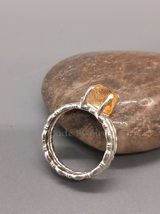 Sterling Silver Patterned Band Ring With Claw Set Raw Citrine Stone