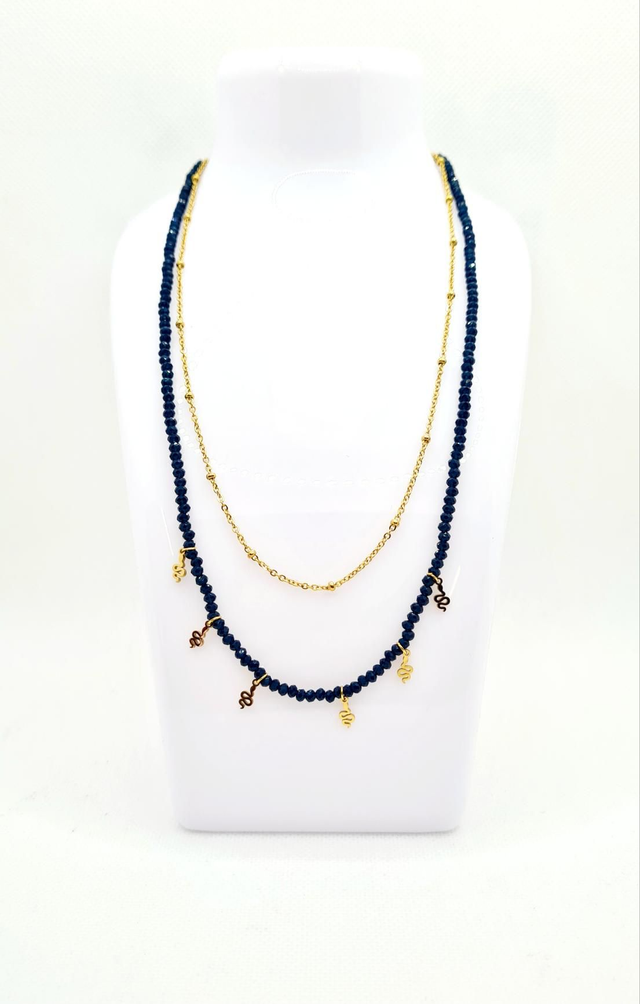 Collier "Snake" 2 rangs en acier or et perles de bohème bleu nuit 