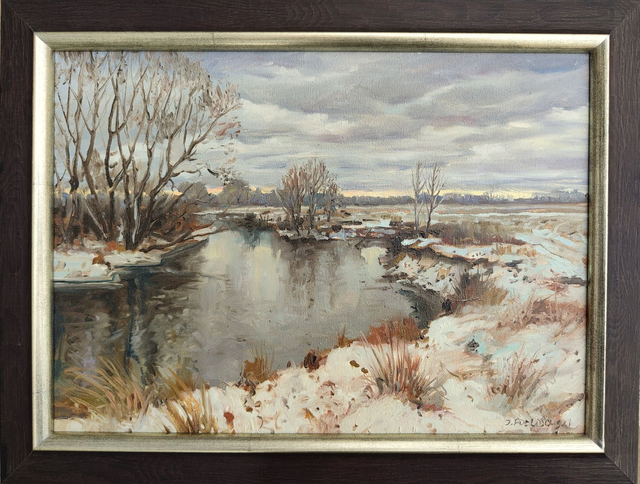 Zimowy pejzaż znad rzeki Wieprz, 25x35 olej płótno 2022