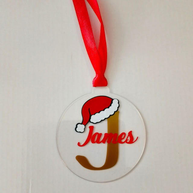 Personalised Acrylic Christmas Tree Decoration - Santa Hat Initial &amp; Name