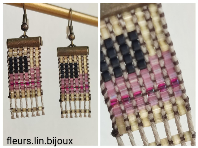 Boucles d&#039;oreilles tissées main en perles de verre miyuki sur fil de lin , laiton bronze -sans nickel 