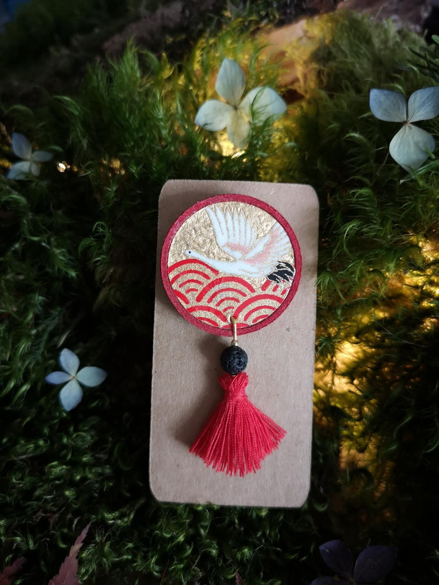 Broche - papier washi - vol de grue - vagues - pompon - perle - La&amp;Titia 